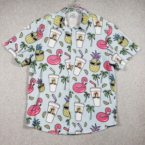 Buc-ee's Men's Medium Tropical Blue Flamingo Pineapple Button Down Shirt EUC